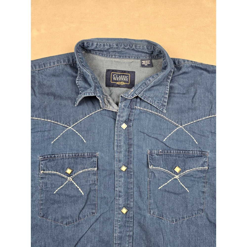 Classic Western Denim Diamond Pearl Snap Shirt Mens XXL Blue Cowboy Embroidered